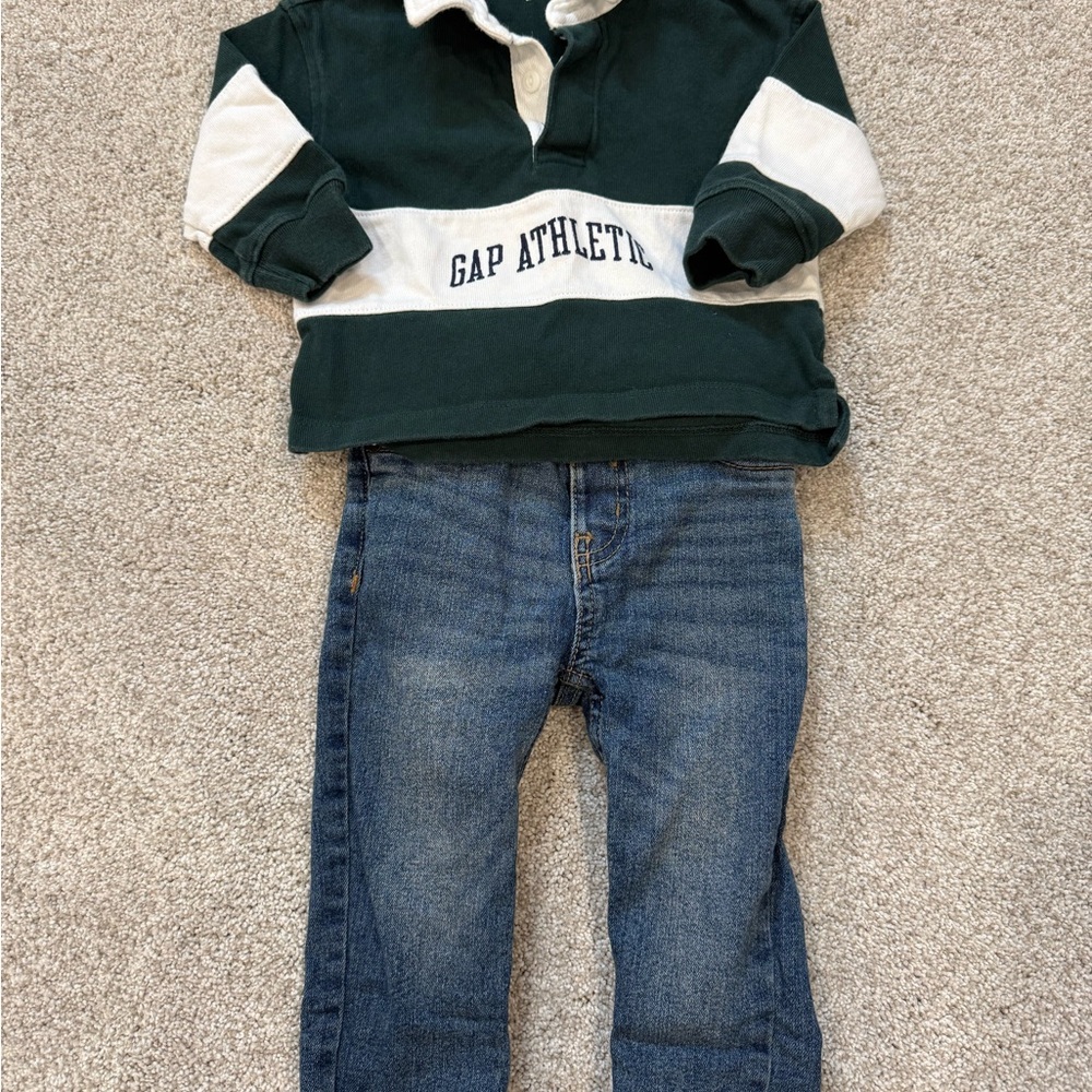 GAP Green & White Rugby Shirt & osh kosh b’gosh Blue Jeans 12-18m preppy trendy - Picture 1 of 8